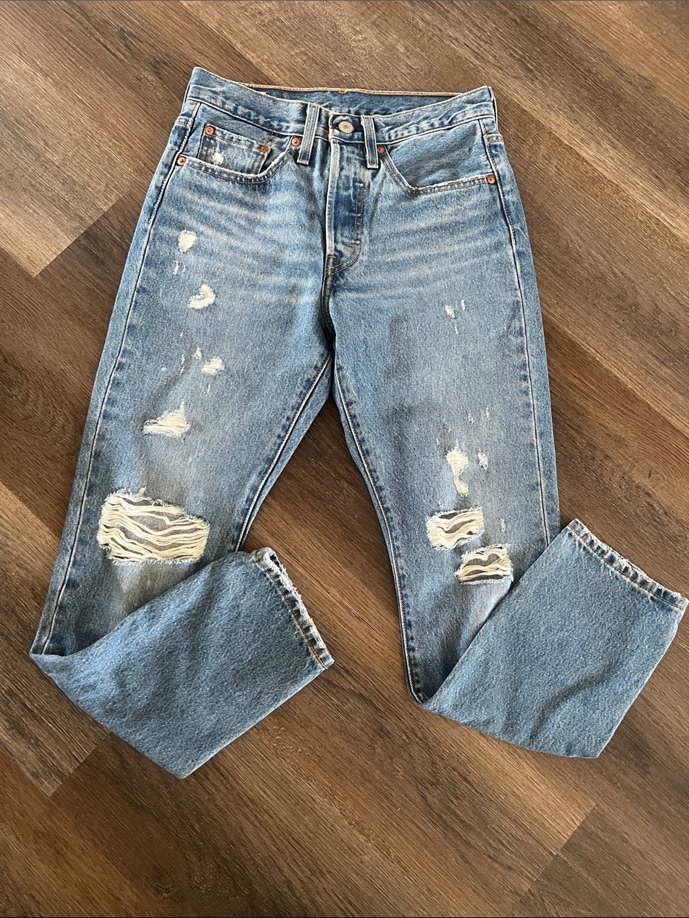 (3)Men's Straight Light Blue Distressed Jeans